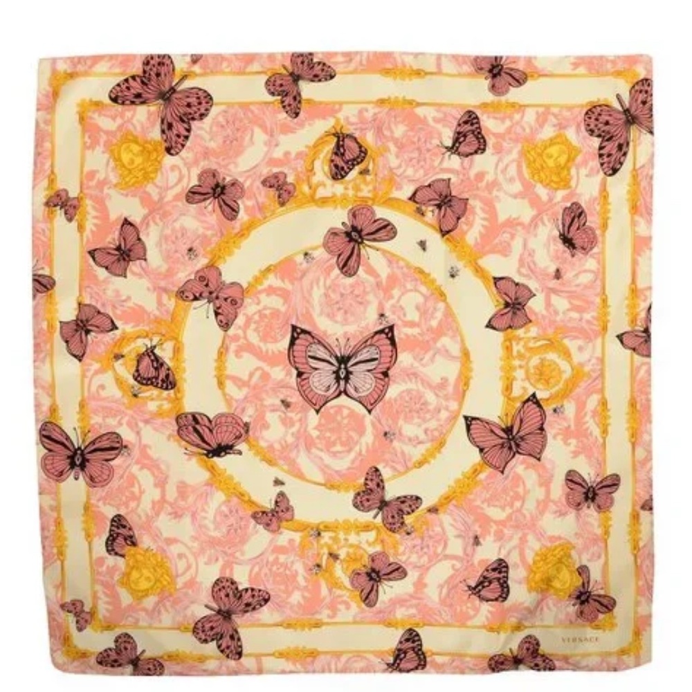Versace NIB Multi-Color Heritage Butterfly Print Silk Shawl Scarf Pink & Cream
